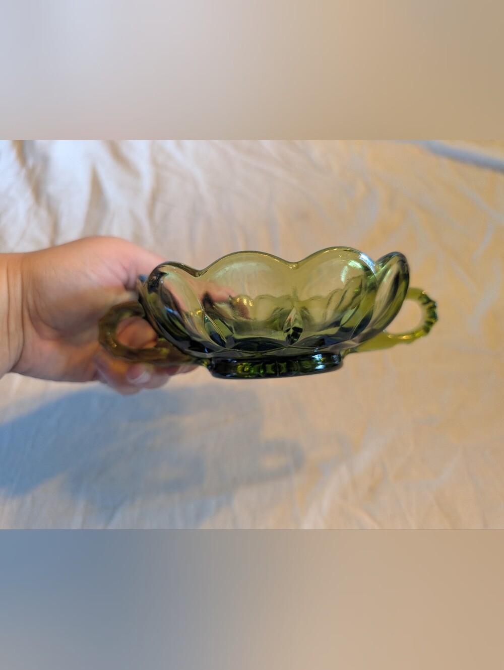 2/30$ Anchor Hocking Olive Green Scalloped Glass Bowl